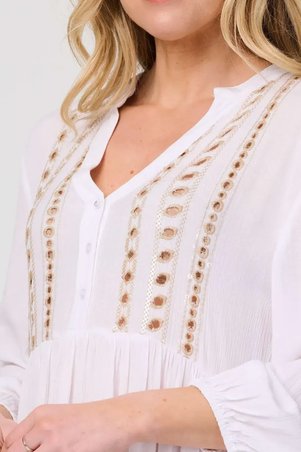Embroidered V-Neck Tiered Smock Dress