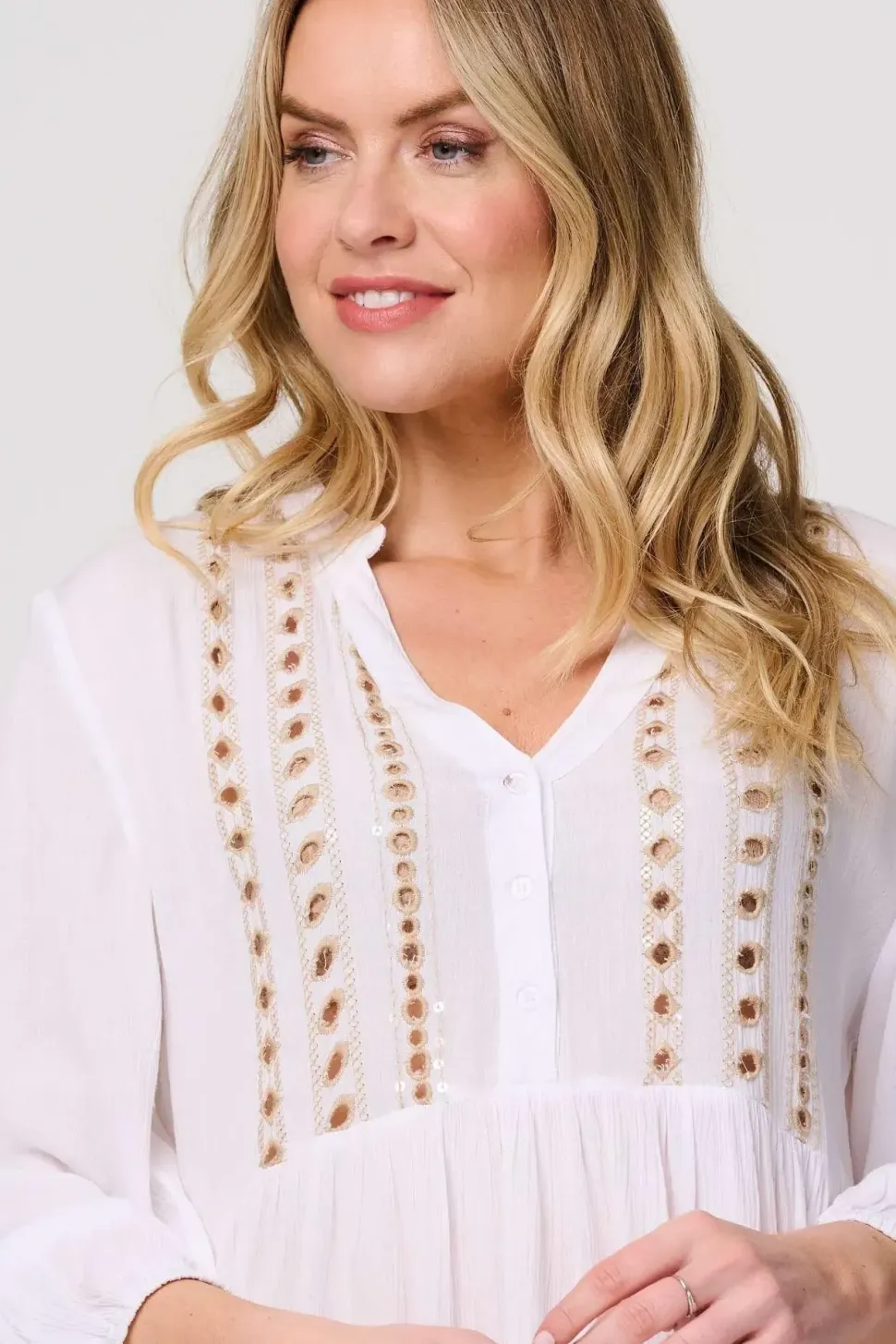 Embroidered V-Neck Tiered Smock Dress