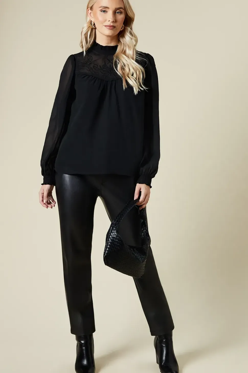 Embroidered Yoke Chiffon Long Sleeve Blouse