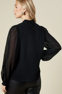 Embroidered Yoke Chiffon Long Sleeve Blouse