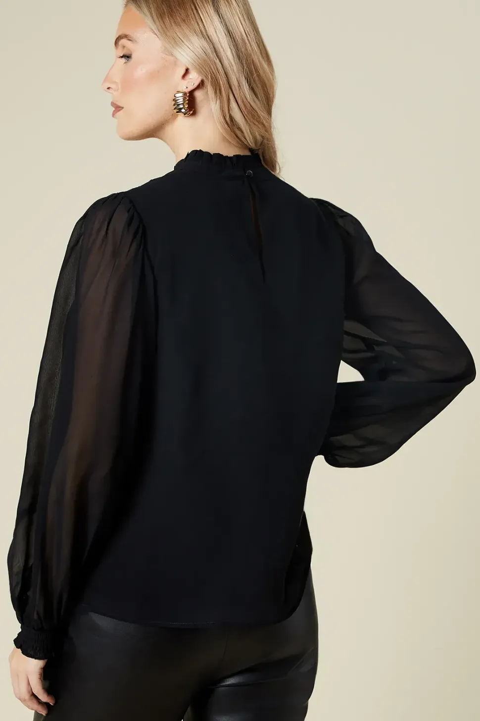 Embroidered Yoke Chiffon Long Sleeve Blouse