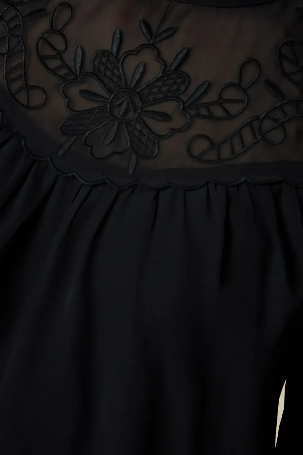 Embroidered Yoke Chiffon Long Sleeve Blouse