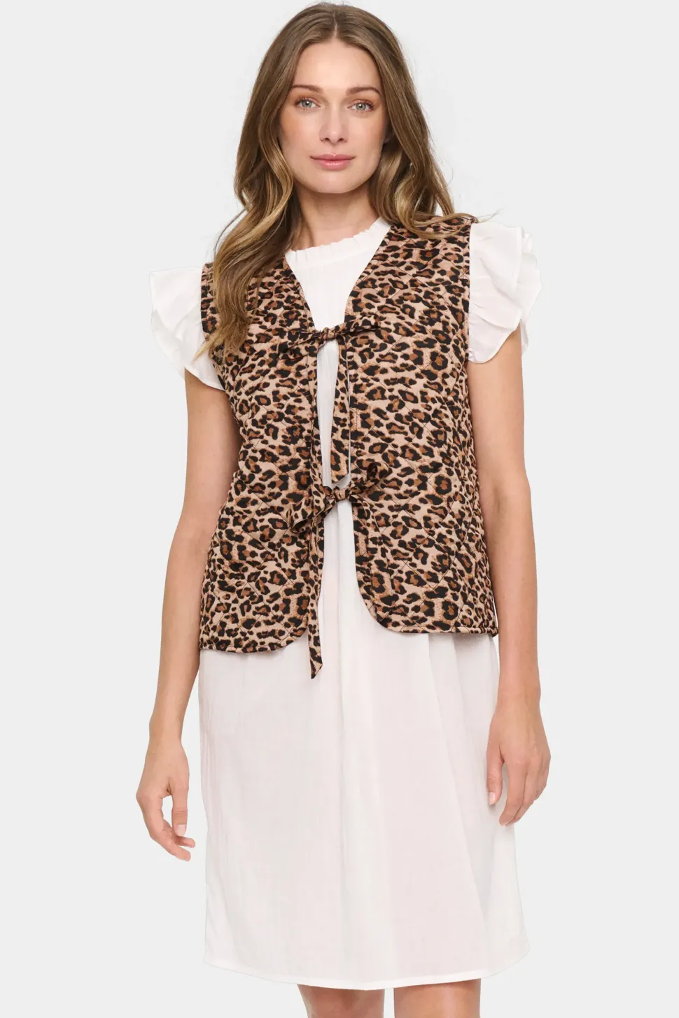 EvittaSZ Quilted Tie Fastening Gilet-Leopard Print