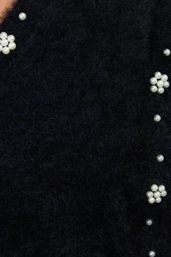 Eyelash Knitted Pearl Embellished V Neck Jumper