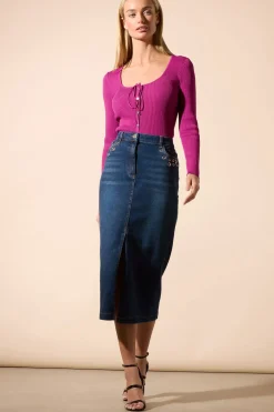 Eyelet Midi Denim Skirt