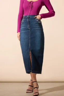 Eyelet Midi Denim Skirt