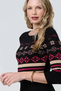 Fair Isle Striped 3/4 Sleeve Short Dress