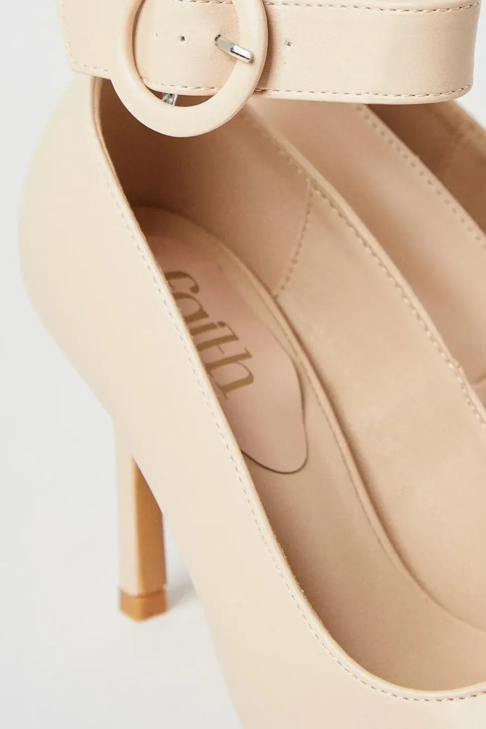 Faith: Chantelle Buckle Ankle Strap High Stiletto Court Shoes