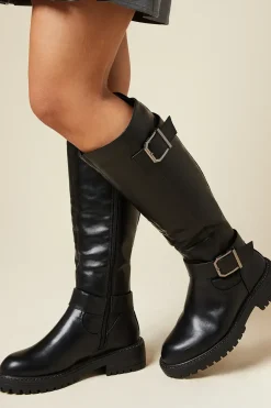 Faith: Konnie Chunky Buckle Detail Knee High Boots