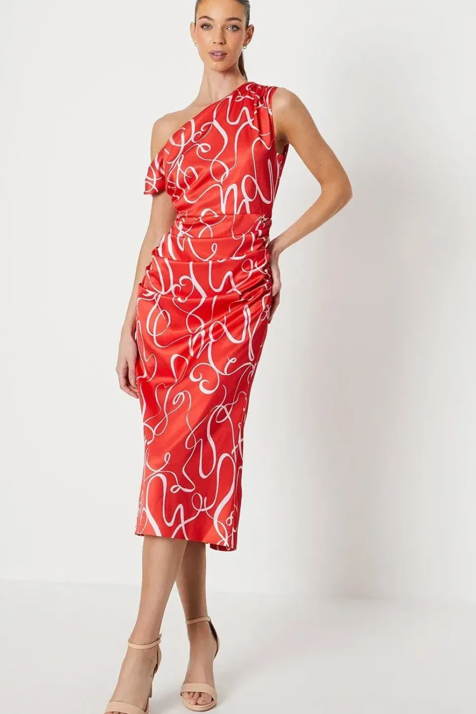 Fallen Shoulder Printed Satin Midi Dress