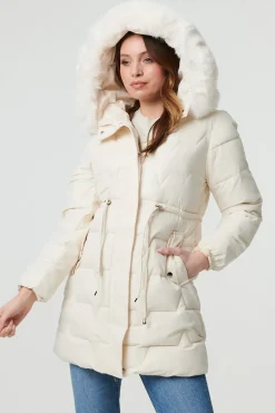 Faux Fur Hooded Tie Waist Puffer Jacket