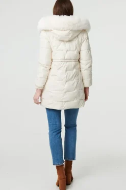 Faux Fur Hooded Tie Waist Puffer Jacket