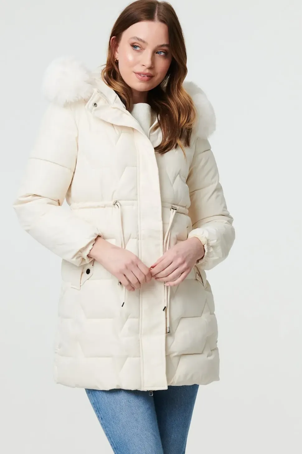 Faux Fur Hooded Tie Waist Puffer Jacket