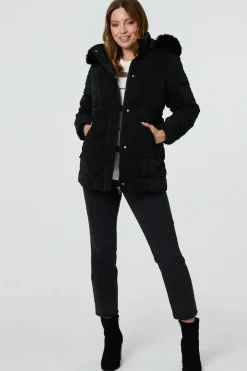 Faux Fur Padded Zip-Up Hooded Jacket