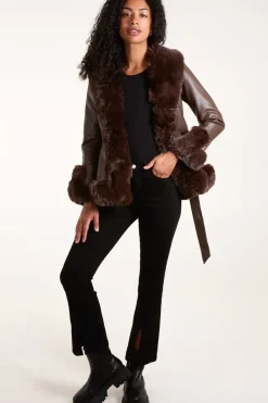 Faux Fur PU Coat With Belt