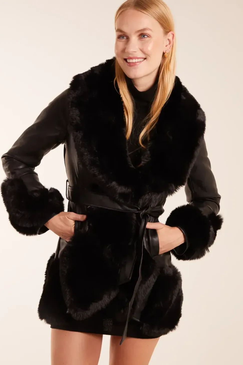 Faux Fur PU Coat With Zip