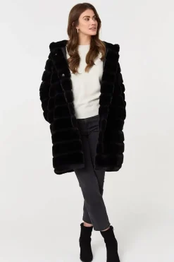 Faux Fur Thigh Length Hooded Jacket