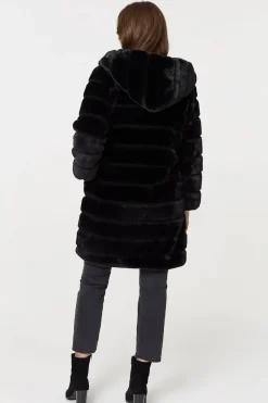 Faux Fur Thigh Length Hooded Jacket