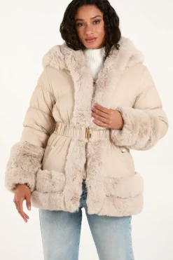 Faux Fur Trim Belted Puffer Coat