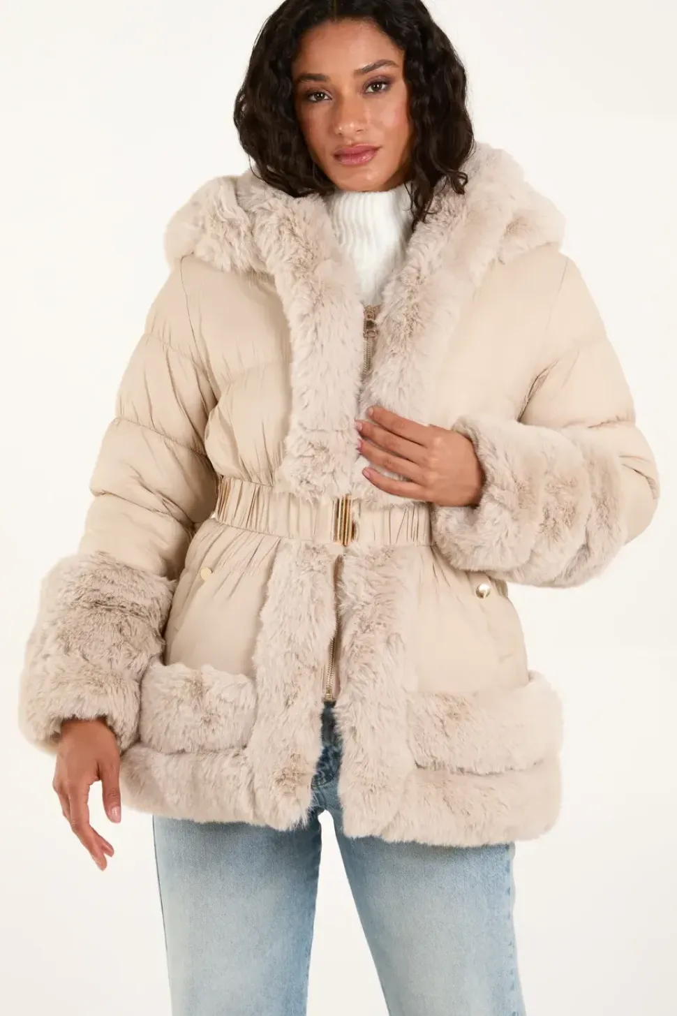 Faux Fur Trim Belted Puffer Coat