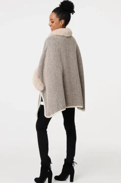 Faux Fur Trim 1/2 Sleeve Buckled Poncho