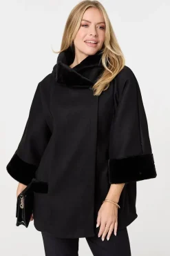 Faux Fur Trim 3/4 Sleeve Cape Coat