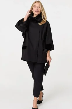 Faux Fur Trim 3/4 Sleeve Cape Coat