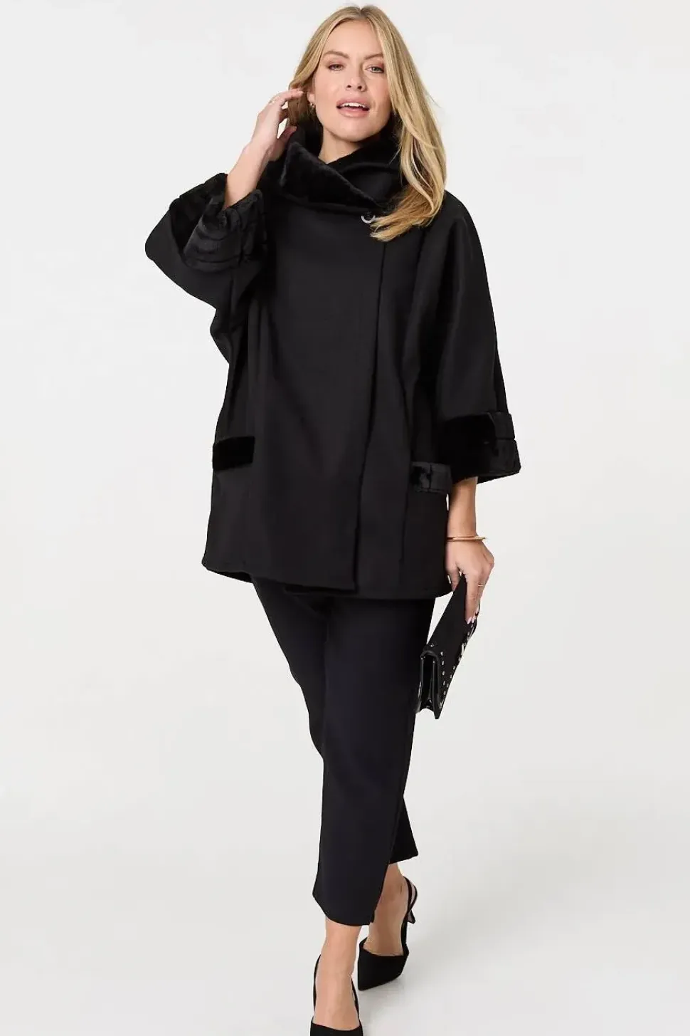 Faux Fur Trim 3/4 Sleeve Cape Coat