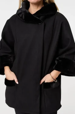 Faux Fur Trim 3/4 Sleeve Cape Coat