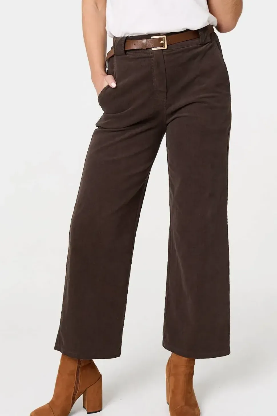 Faux Leather Belt Corduroy Trousers