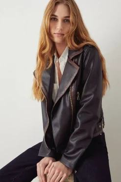 Faux Leather Contrast Trim Biker