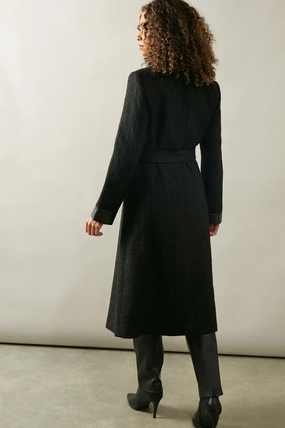 Faux Leather Detail Wool Belted Coat
