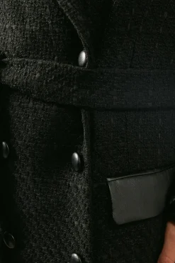 Faux Leather Detail Wool Belted Coat