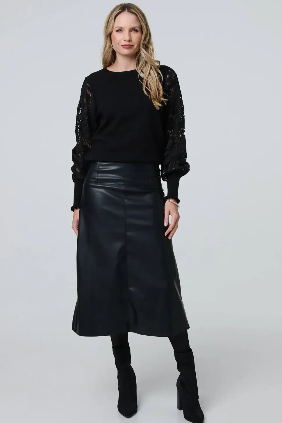 Faux Leather High Waist Midi Skirt