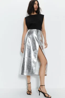 Faux Leather Metallic Crackle Midi Skirt