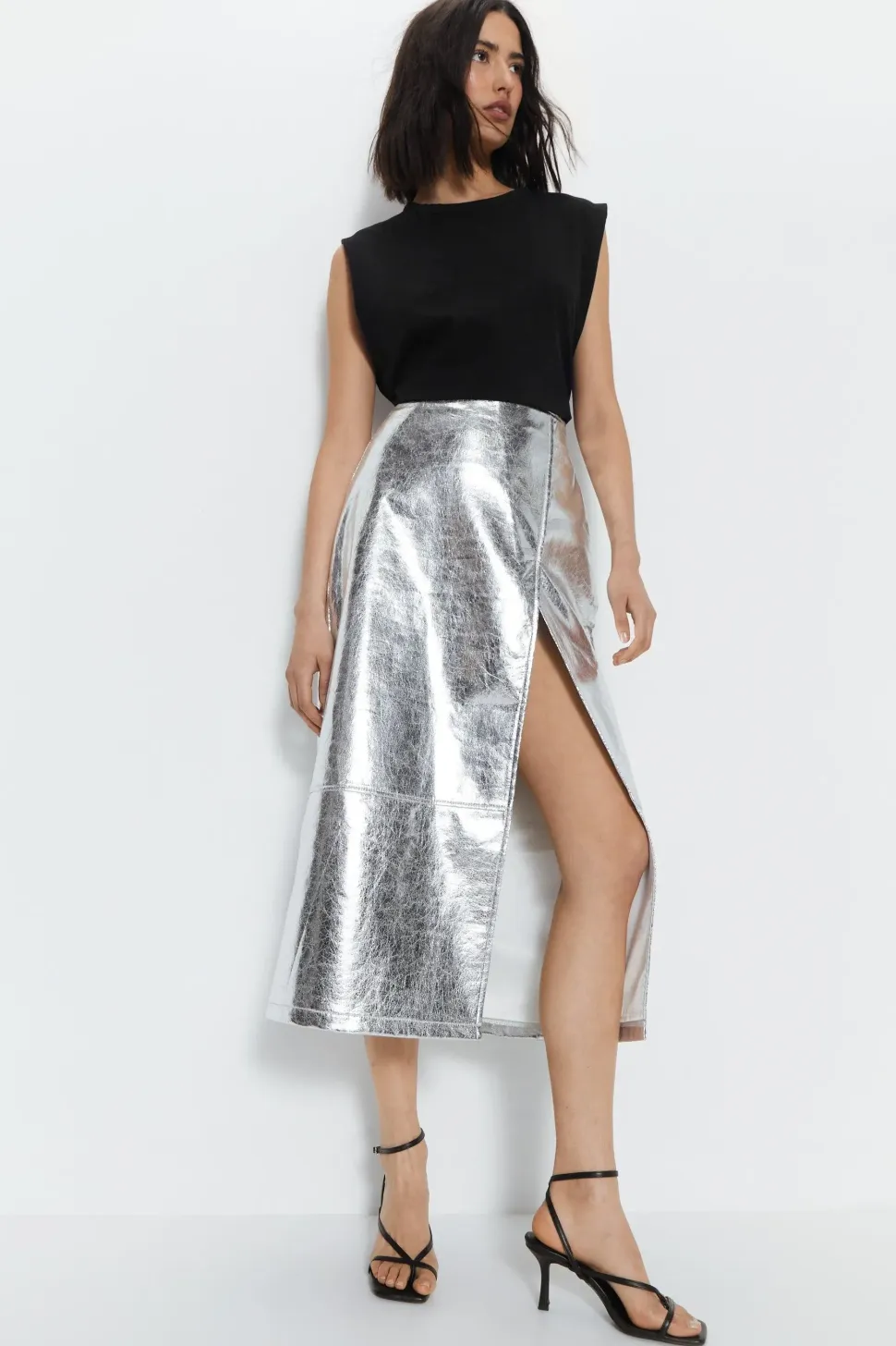Faux Leather Metallic Crackle Midi Skirt