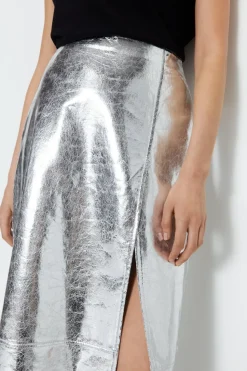 Faux Leather Metallic Crackle Midi Skirt