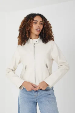 Faux Leather Round Neck Biker Jacket