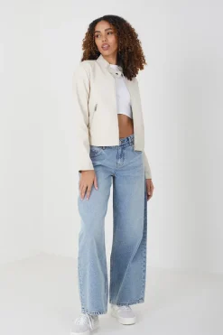 Faux Leather Round Neck Biker Jacket