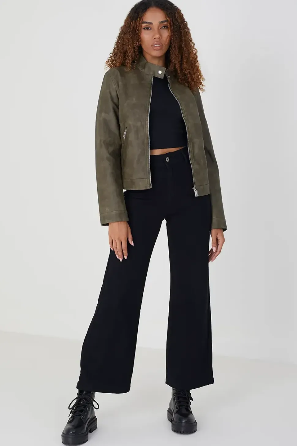 Faux Leather Round Neck Biker Jacket