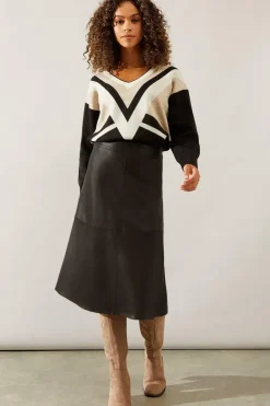 Faux Leather Seam Detail A Line Skirt