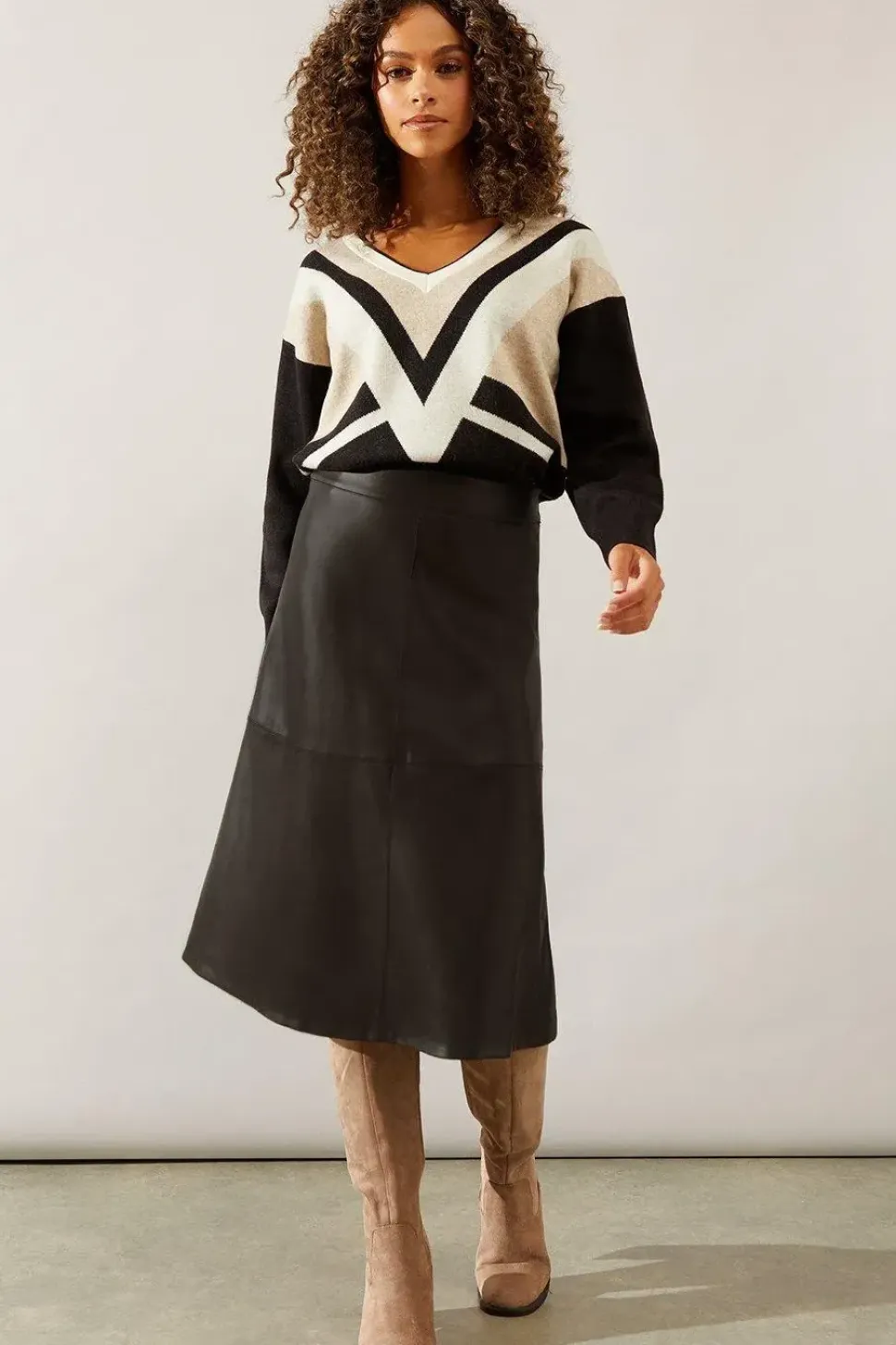 Faux Leather Seam Detail A Line Skirt