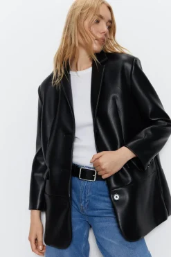 Faux Leather Single Breasted Blazer