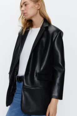 Faux Leather Single Breasted Blazer