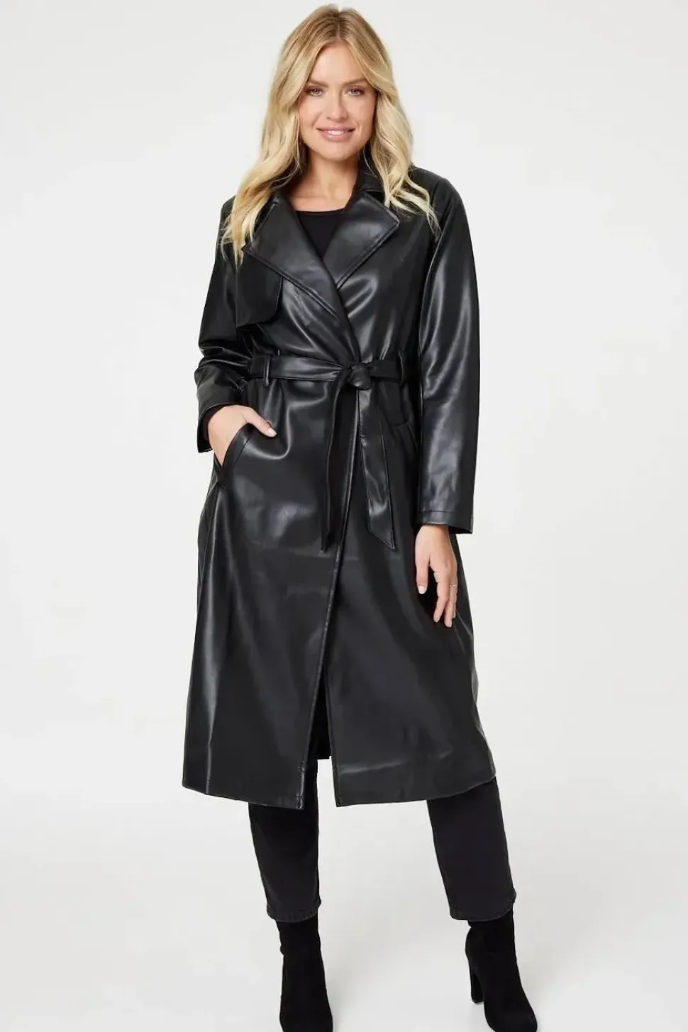 Faux Leather Tie Waist Coat