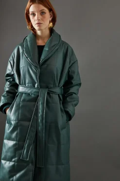 Faux Leather Wrap Belted Padded Coat