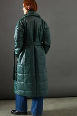 Faux Leather Wrap Belted Padded Coat
