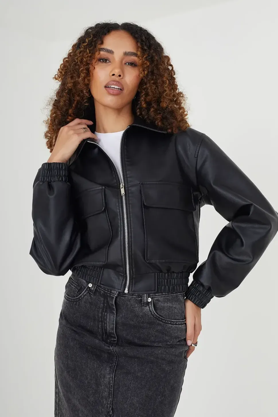 Faux Leather Zip Through Bomber Jacket