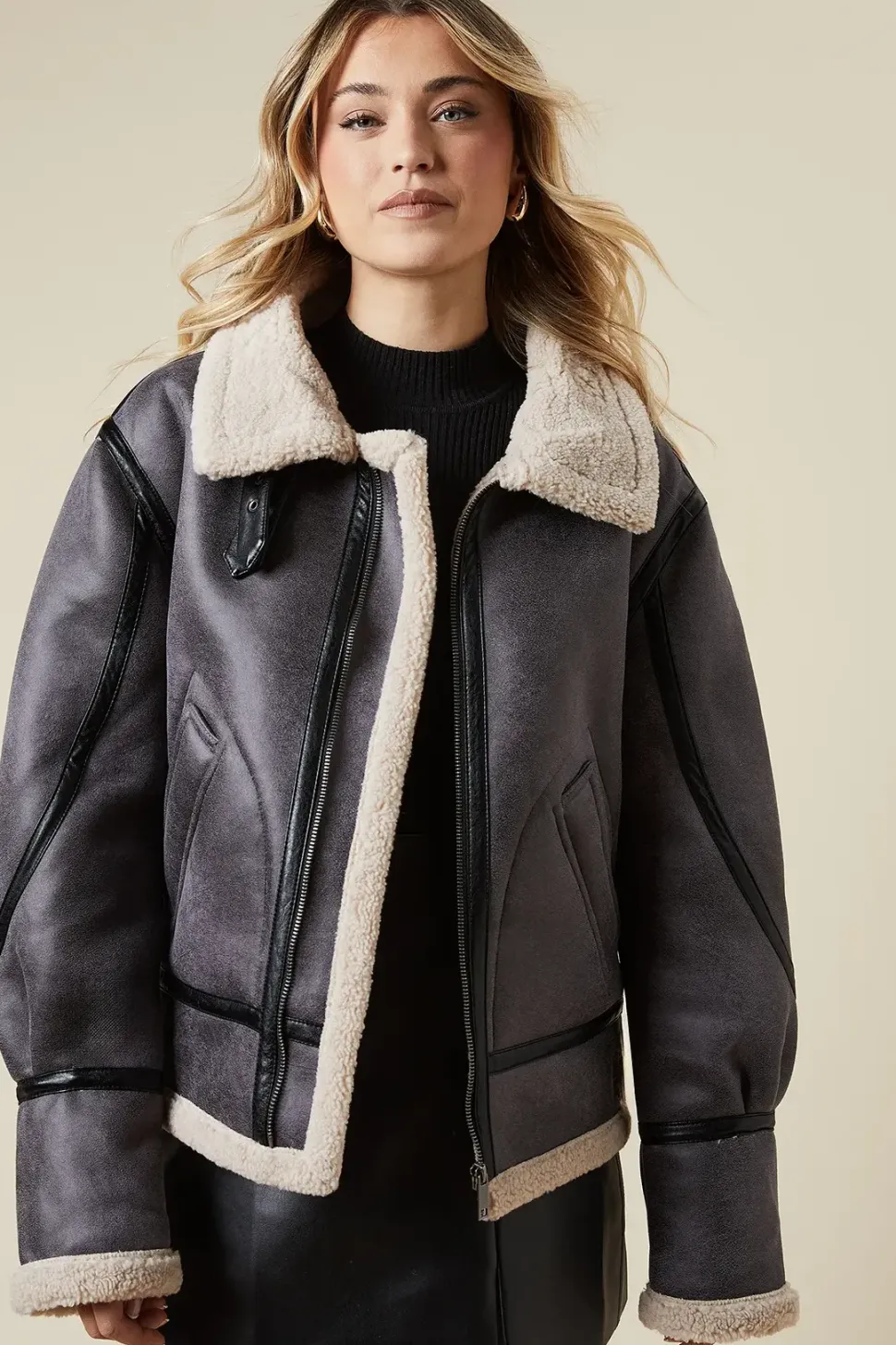 Faux Suede Borg Detail Aviator Jacket