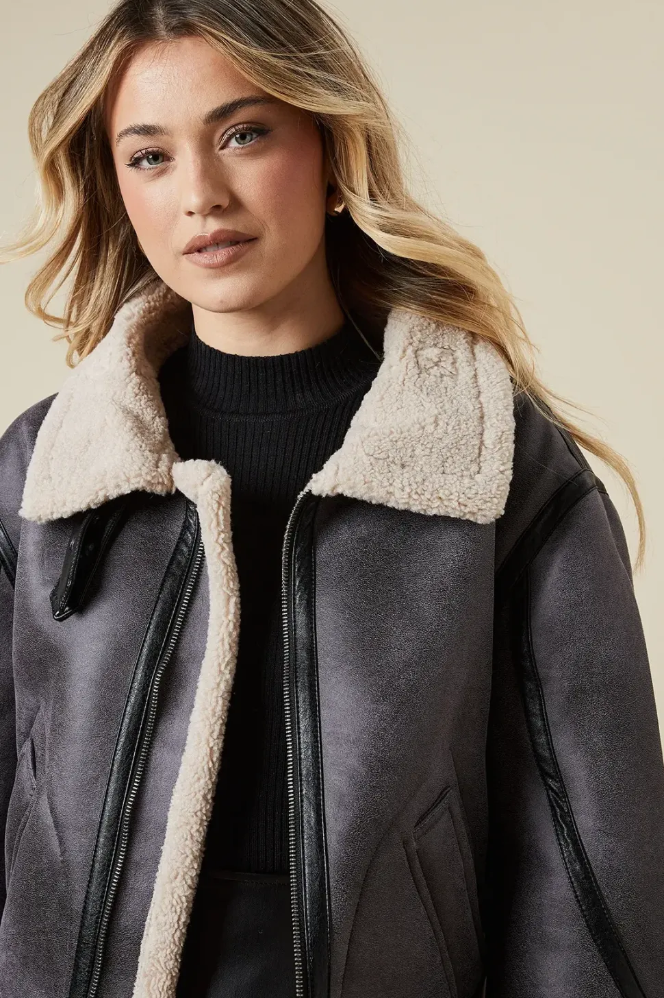 Faux Suede Borg Detail Aviator Jacket